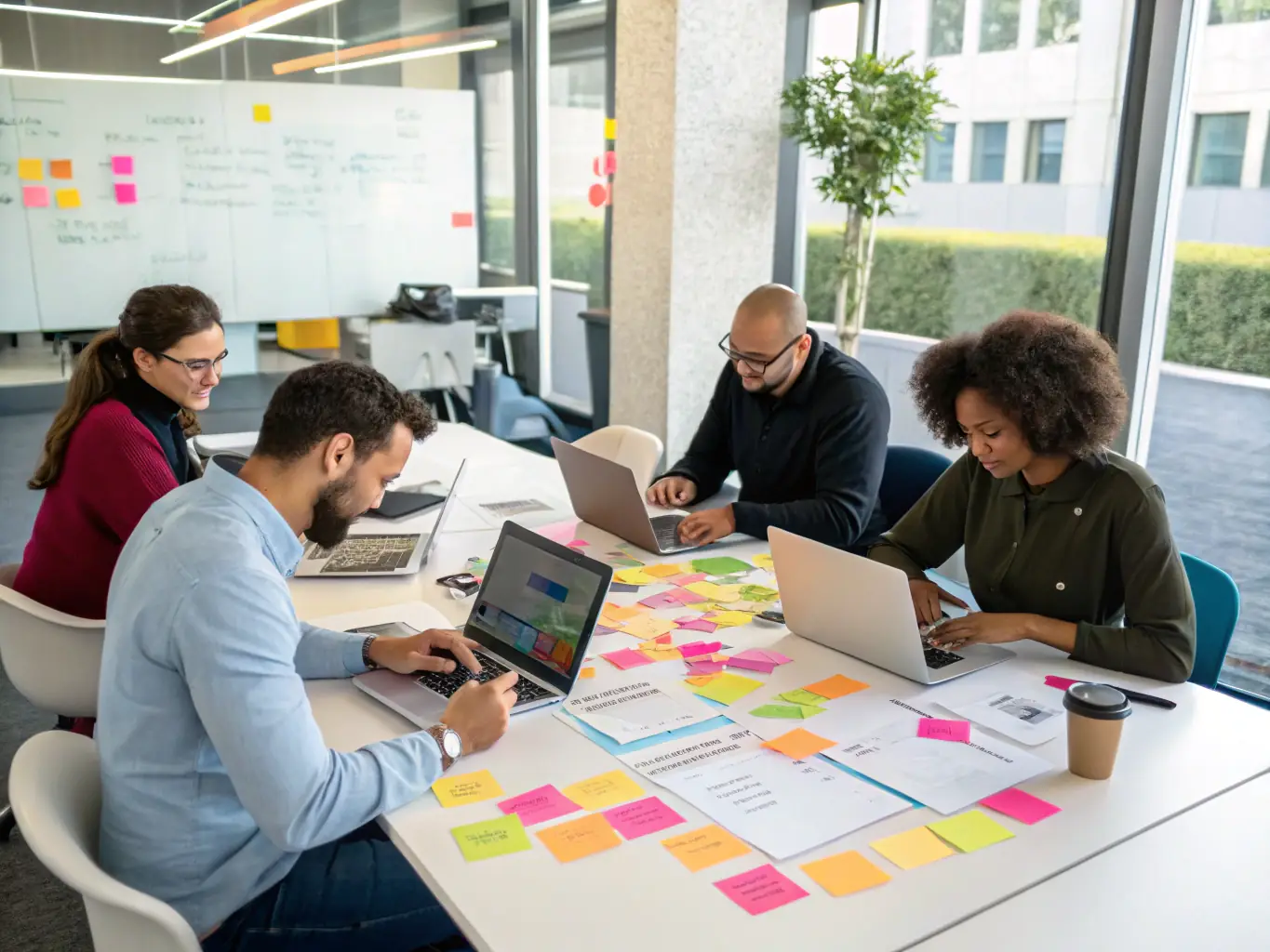 A photo of a team participating in a collaborative activity, brainstorming around a table, representing the Team Collaboration Workshops.