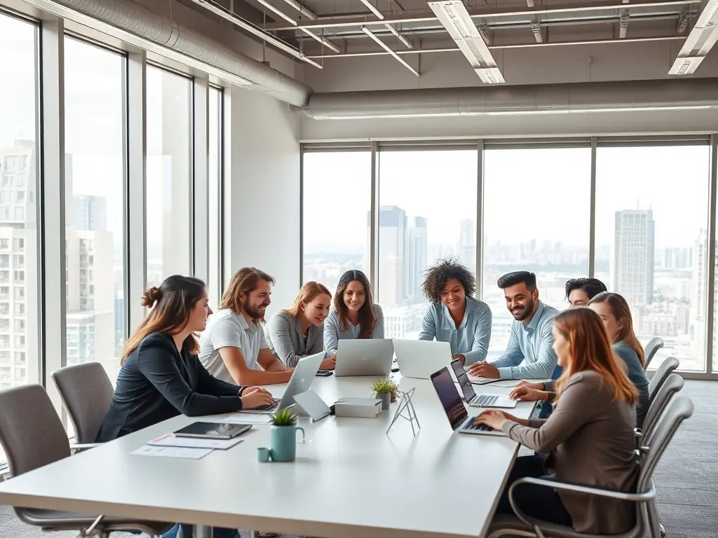 A dynamic photograph showcasing a team of South African employees engaged in a collaborative brainstorming session, using local landmarks as visual cues.