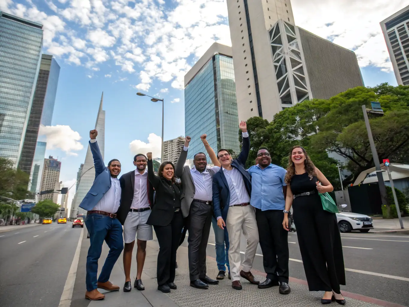 A vibrant image depicting a diverse group of South African business professionals participating in a leadership development program, set against the backdrop of a modern Johannesburg office building.