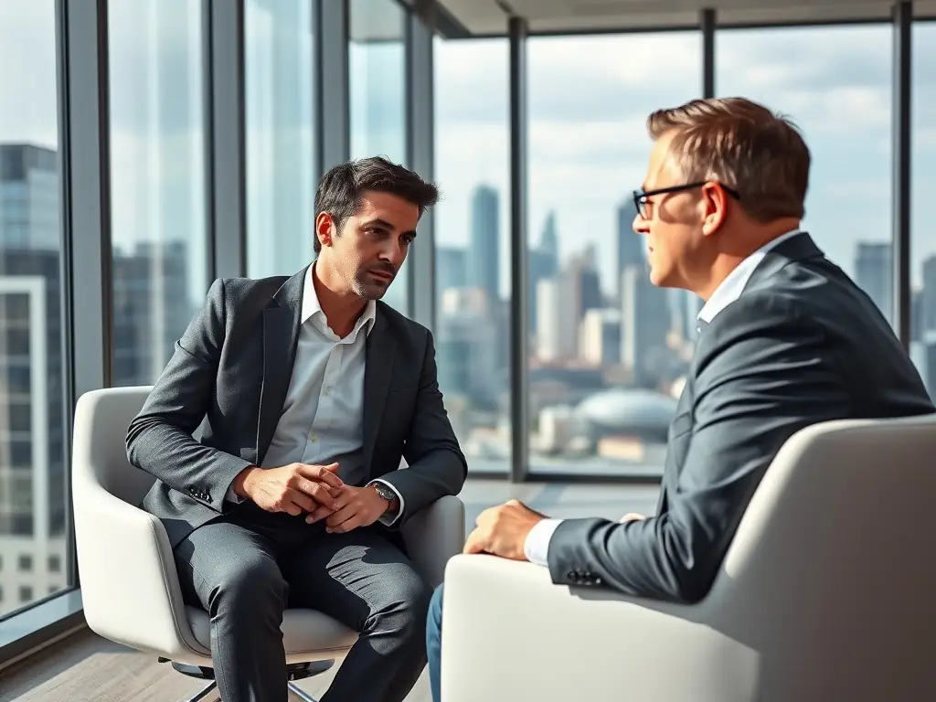 An image of a coach and executive engaged in a private discussion in a professional office setting, representing the Executive Coaching Sessions.
